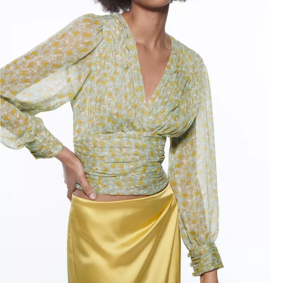 Zara Paisley Metallic Long Sleeve Top Size Small Green Yellow Boho Shirt Blouse - Picture 1 of 10